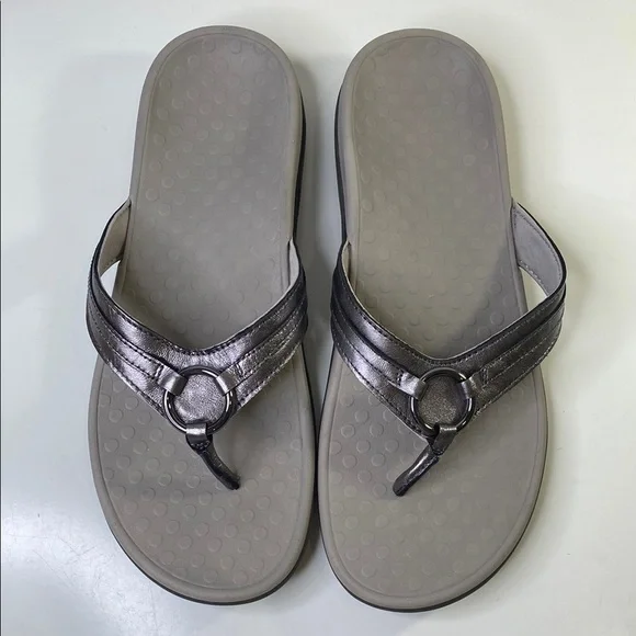 Vionic Women's Aloe Leather Pewter Metallic Flip Flop Thong Sandals Size 11 - Picture 5 of 10